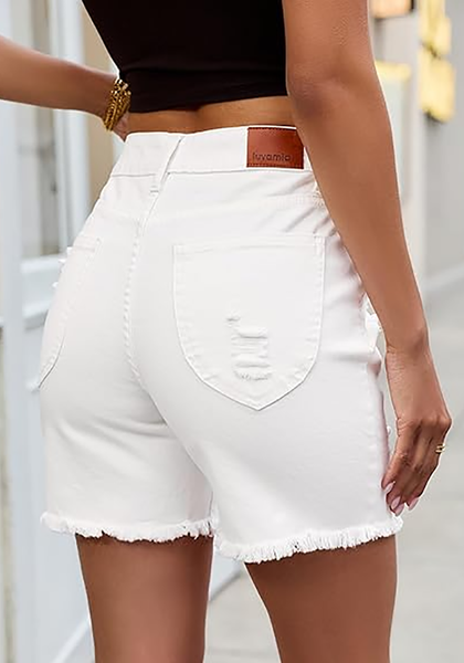 LookbookStore Women’s High Waisted Distressed Cream White Mid Thigh Denim Shorts Frayed Cut Off Stretchy Jorts