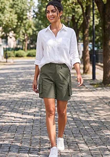 LookbookStore Women's Dusty Olive High Waist Cargo Shorts, 7" Inseam Elastic Waist Casual Mid Thigh Shorts, Utility Pockets Hiking Golf Outdoor Shorts