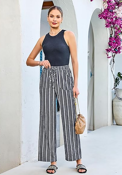 LookbookStore Navy Blue Stripe High Waisted Wide Leg Pants for Women Drawstring Waist Casual Comfort Pants