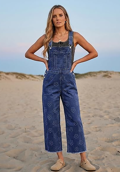LookbookStore Women's Floral Darkness Blue Embroidered Denim Overalls, Loose Fit Wide Leg Capri Bib Overall, Stretchy Raw Hem Summer Jean Jumpsuit