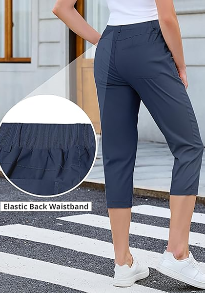LookbookStore Women Dark Blue Utility Skimmer Capri Pants With Big Patched Pockets Back Elastic Waistband Ideal For Travel Daily Casual