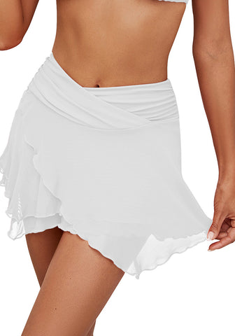 Brilliant White Women's Brief Criss Cross High Waisted Swim Skirt Layered Mesh Swimsuit Cover-Up
