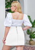 Brilliant White Tulip Ruched Denim Mini Skirt