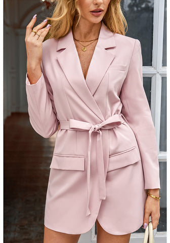 Peach Blush Women's Casual Long Suit Jacket Belted Fashion Office Blazer Outfit