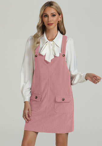 Pink Beige Women's Fashion Adjustable Straps Corduroy Overalls Pinafore Short Dresses