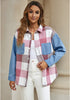 Pink Plaid Women's Brief Button Down Denim Loose Plaid Flannel Shirt Coats Jackets