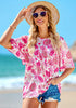 Hot Pink Floral Women's Casual Floral Print Short Sleeve Flowy Babydoll Tops
