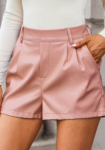 Dusty Pink Women's High Waisted PU Leather Shorts Stretch Pocket Pleat Shorts