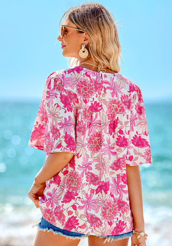 Hot Pink Floral Women's Casual Floral Print Short Sleeve Flowy Babydoll Tops