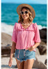 Candy Pink Women's Casual Puff Sleeve Tie Neck Blouses Business Shirts