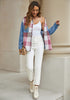 Pink Plaid Women's Brief Button Down Denim Loose Plaid Flannel Shirt Coats Jackets