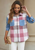 Pink Plaid Women's Brief Button Down Denim Loose Plaid Flannel Shirt Coats Jackets