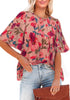 Dusty Pink Floral Women's Casual Floral Print Short Sleeve Flowy Babydoll Tops