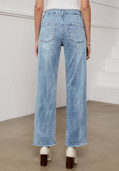 Ice Blue Women's Straight Leg Pull On Denim Pant High Waisted Stretch
