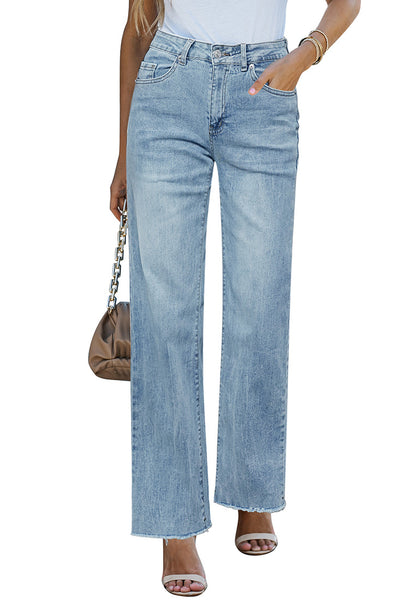 Ice Blue Women's Straight Leg Pull On Denim Pant High Waisted Stretch