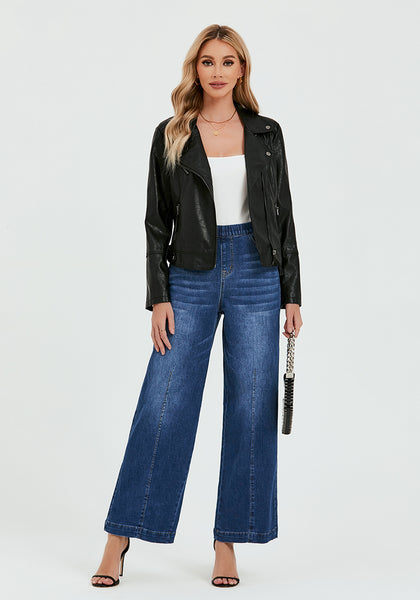 Darkness Blue Women's Stretchy Pull On Jeans High Waisted Denim Pants
