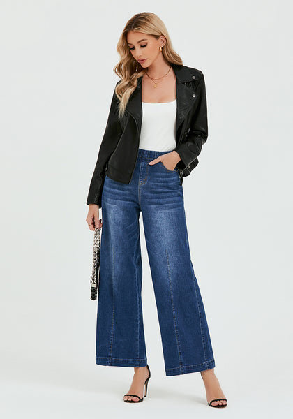 Darkness Blue Women's Stretchy Pull On Jeans High Waisted Denim Pants