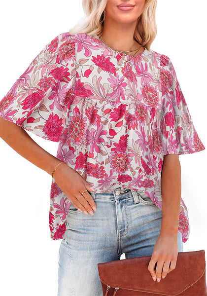 Hot Pink Floral Women's Casual Floral Print Short Sleeve Flowy Babydoll Tops