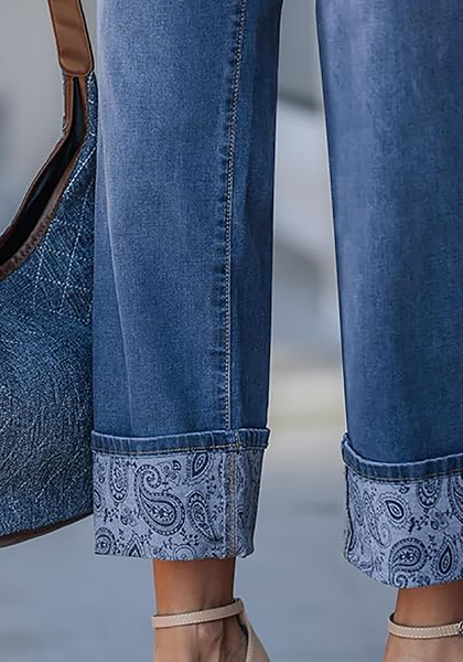 LookbookStore Women's Paisley Turquoise Blue High Waisted Cropped Wide Leg Jeans Trendy Printed Fold Hem Loose Straight Stretchy Denim Pants