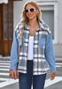 Gray Plaid Women's Brief Button Down Denim Loose Plaid Flannel Shirt Coats Jackets