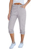 Light Gray Women's High Wasited Cargo Pants Cuffed Hem Elastic Waist Capri Pants With Pockets