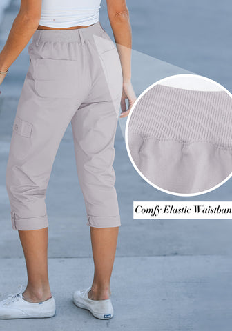 Light Gray Women's High Wasited Cargo Pants Cuffed Hem Elastic Waist Capri Pants With Pockets