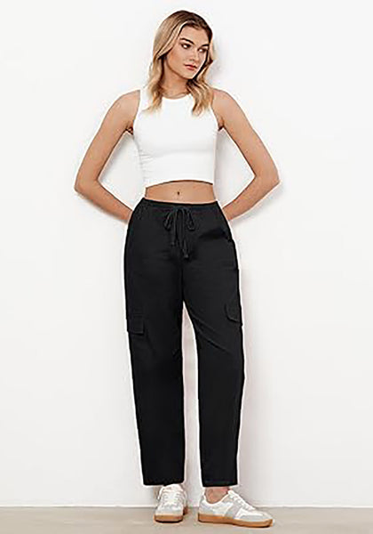 Black Women's Relaxed Fit Drawstring Regular Full Length Hiking Casual Baggy Pant