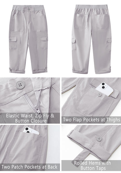 Light Gray Women's High Wasited Cargo Pants Cuffed Hem Elastic Waist Capri Pants With Pockets