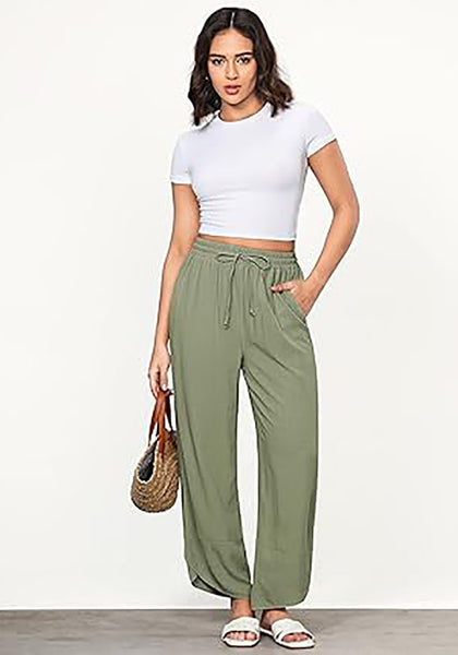 Army Green Women's Wide Leg Drawstring Harem Loose Permeable Palazzo Pant