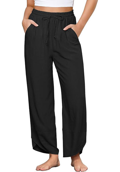 Black Women's Wide Leg Drawstring Harem Loose Permeable Palazzo Pant