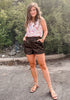 Chocolate Brown Women's High Waisted PU Leather Shorts Stretch Pocket Pleat Shorts