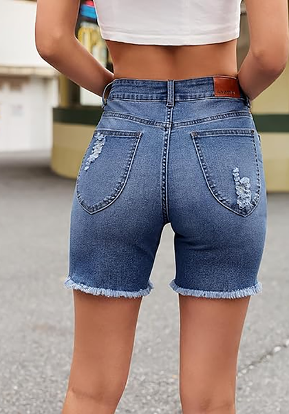 LookbookStore Women’s High Waisted Distressed Classic Blue Mid Thigh Denim Shorts Frayed Cut Off Stretchy Jorts