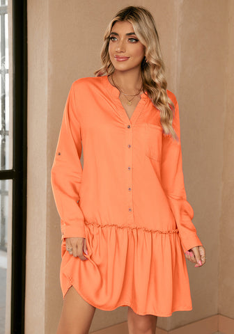 Orange Women's Brief Loose Denim Button Down Dress with Pockets