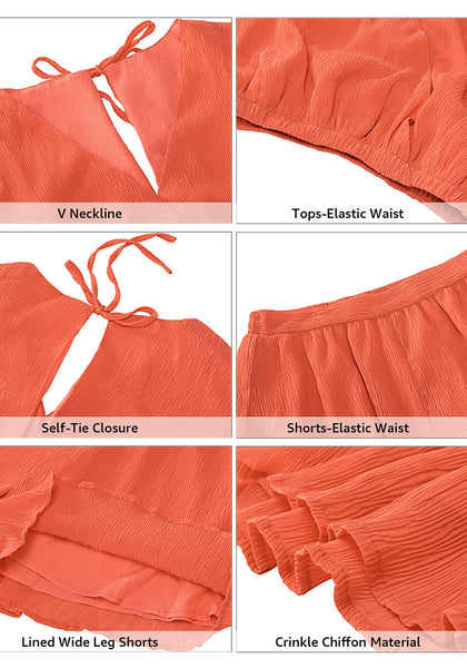 Orangeade Women's 2 Piece Outfit Textured Crop Tops Elastic Waist Flowy Shorts