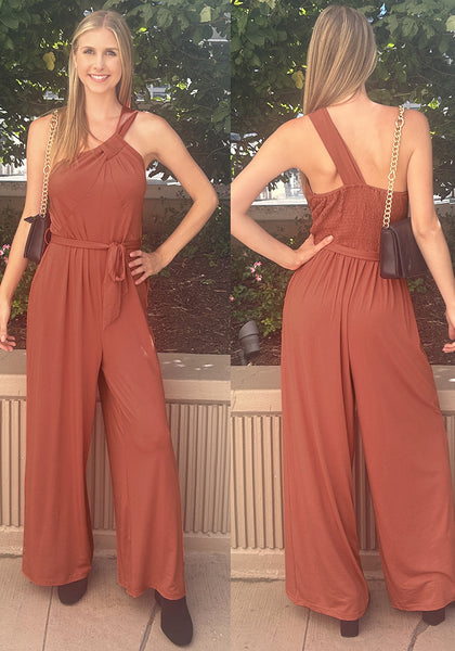 Rust Comfy Sleeveless Belted Jumpsuits & Long Rompers for Women