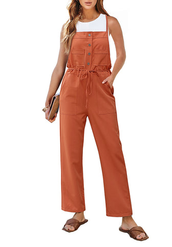 Flamingo Orange Women's Button Down Pocket Straight Leg Vintage Casual Overalls