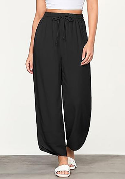 Black Women's Wide Leg Drawstring Harem Loose Permeable Palazzo Pant