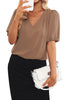 Pecan Brown Women's Puff Sleeve V-Neck Blouses Business Casual Work Tops