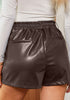 Chocolate Brown Women's High Waisted PU Leather Shorts Stretch Pocket Pleat Shorts