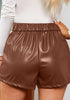 Rustic Brown Women's High Waist Wide Leg Stretch Belted Shorts PU Leather Pants