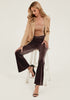 Chocolate Brown Women Elastic Waist High Waisted Flare Seam Slack Pant