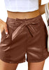 Rustic Brown Women's High Waist Wide Leg Stretch Belted Shorts PU Leather Pants