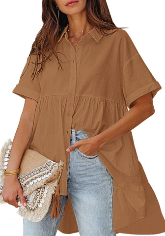 Friar Brown 2023 Button Down Shirts for Women Oversized Short Sleeve Blouses Babydoll Flowy High Low Tunic Tops Summer