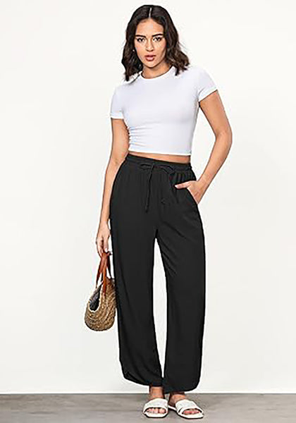 Black Women's Wide Leg Drawstring Harem Loose Permeable Palazzo Pant