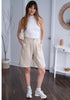 2024 Women's Beige High Waist Linen Bermuda Shorts Regular Fit Elastic Waist Pockets Shorts