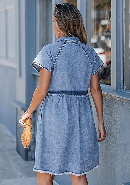 LookbookStore Reef Blue Women's Short Sleeve Babydoll Denim Dress – Pleated Raw Hem Distressed Western Style with Pockets