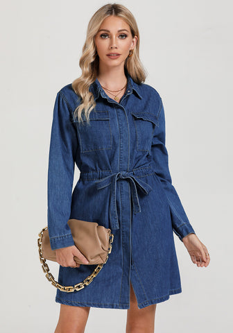 Classic Blue Women's Fashion Brief Dress Casual Denim Button Down Long Sleeve Knee-Length Short Dress with Pockets