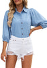 Cool Blue 2023 Denim Shirt Women Button Down Chambray Oversized Puff Sleeve Blouses Distressed Western Jean Tops