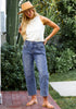 Medium BlueWomen's Cropped Denim High Waisted Jeans Pull On Straight Leg Stretch Barrel Jeans