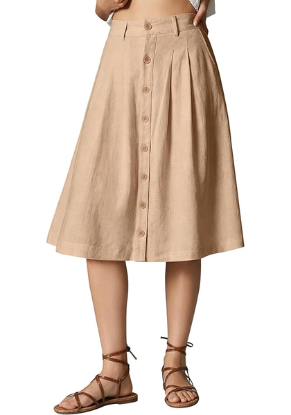 LookbookStore Women Almond Pleated Linen Midi Skirt Elastic High Waist A Line Summer Skirt with Pockets